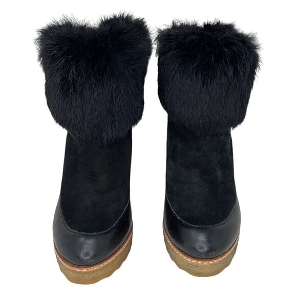 Tory Burch Andrea Rabbit Fur Wedge Soho Luxury Suede Black Size 5 - Picture 4 of 13